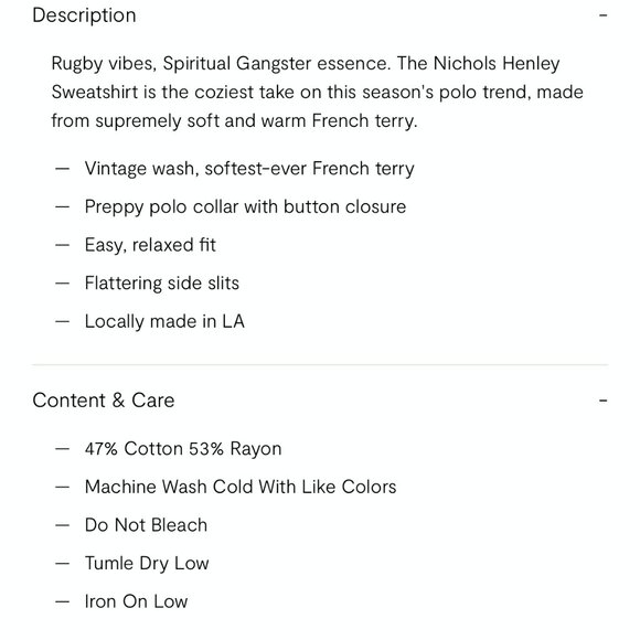 SPIRITUAL GANGSTER NICHOLS HENLEY SWEATSHIRT BRAND NEW- NWT- NEVER WORN!!! - Picture 13 of 13